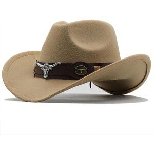 Unisex Camel 100% Polyester Bull Skull Band Classic Fedora Felt Cowboy Hat